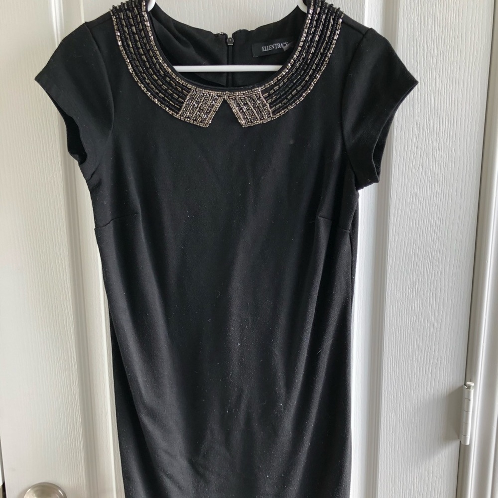 Ellen Tracy black stretch-knit sheath w/ beading